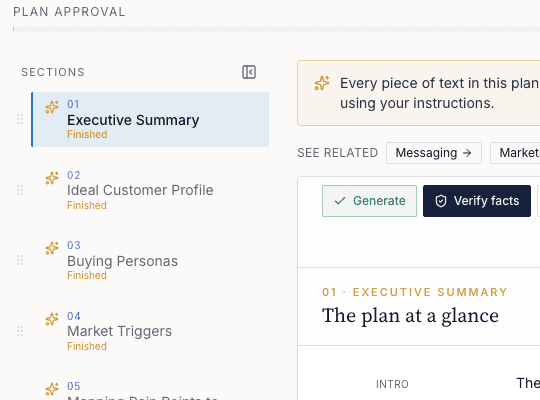 Plan section list with each section marked finished, next to the Generate and Verify facts controls