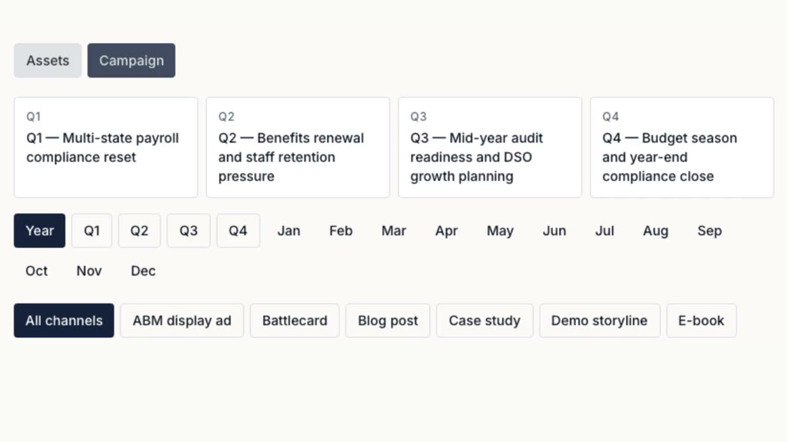 Frame from the Vertica 30-second product overview: Collateral Studio's campaign calendar with four quarterly themes above its month and channel filters